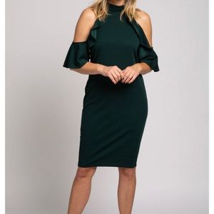 PinkBlush Forest Green Cold Shoulder Ruffle High Neck Fitted Maternity Dress